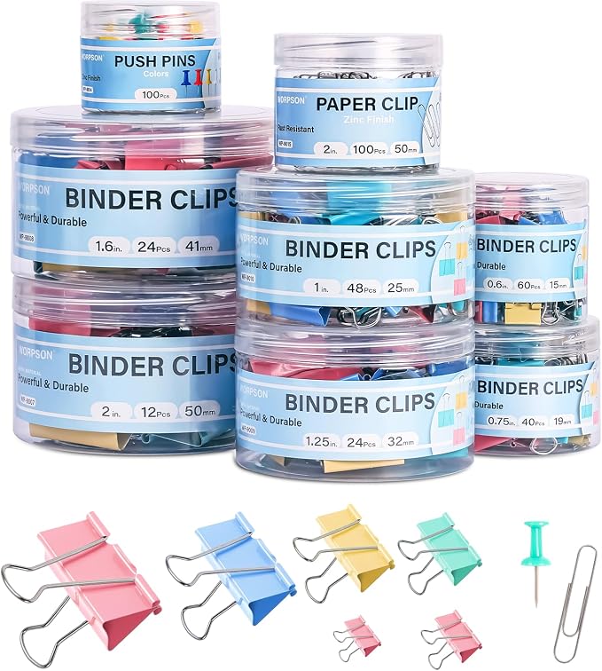 408 PCS Binder Clips Paper Clamps Assorted Sizes and Push Pins, Binding Paperwork Clamp Bulk, School Teachers Office Supplies (Multicolor)