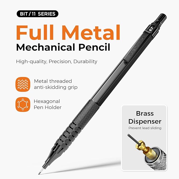 STAGEEK 25PCS Art Mechanical Pencil Set, 3PCS Metal lead pencil 0.5, 0.7, 0.9, 2PCS 2mm Drawing Pencil (HB 2H 2B 4B Color) with 392PCS Graphite Leads, Eraser with Case for Drafting Drawing Writing