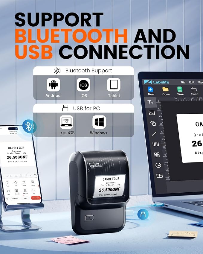Label Maker Machine with Tape, Bluetooth Label Printer with 6000+ Templates | Portable 2 inch Inkless Thermal Printer Easy to Use for Small Business, Home, School, Office, Safety Label Makers, Black