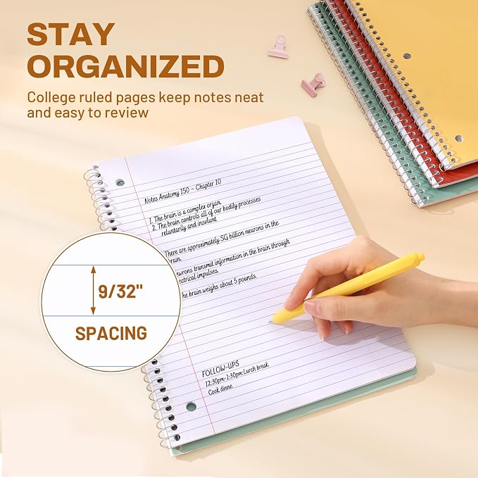 SUNEE Spiral Notebooks, 3 Pack, 1-Subject, College Ruled Paper, 8" x 10-1/2", 70 Sheets per Notebook, Assorted Colors Spiral Notebooks for School (Yellow, Red, Sage Green)
