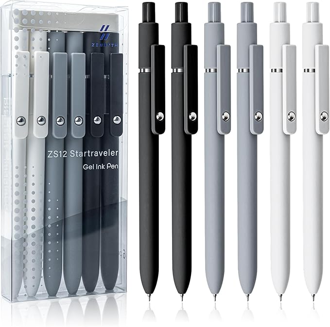 UIXJODO 6 Pcs Gel Pens 0.5mm Quick Dry Black Ink Pens Fine Point Smooth Writing Pen, Cute Office and School Supplies Gifts for Women Teacher Students (6 Pcs Black White Grey Silver)