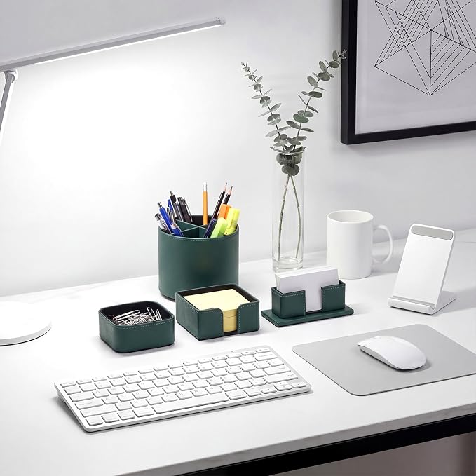 4 Pcs Rotating Leather Pen Holder for Desk Organizer Office Supplies Business Card Sticky Note Holder Paperclip Storage Desk Accessories Set for Teacher Back to School Gift(Green)