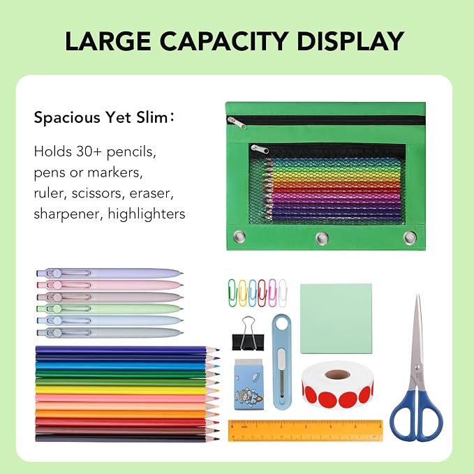Pencil Pouch for 3 Ring Binder, Heavy Duty Canvas Dual Zipper Pen Bag with Clear Window, Smooth Metal Zipper, Fit Standard 3-Ring Binders for School Office Travel Supplies (Green)