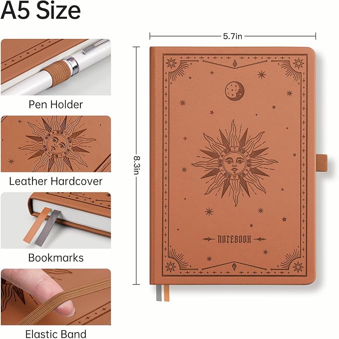 EMSHOI Dotted Journal Notebook, 192 Pages, A5 Size (5.7'' x 8.3'') | Leather Hardcover, 100 GSM Thick Paper, for Journaling, Planning, Tracking & Sketching, Sun Debossed (Brown)