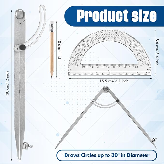 Zonon Professional 12 Inch Large Compass with Wing for Woodworking and 6 Inch Protractor Set, Pencil Compass for Geometry Math Carpenter, Drafting, Drawing Tool