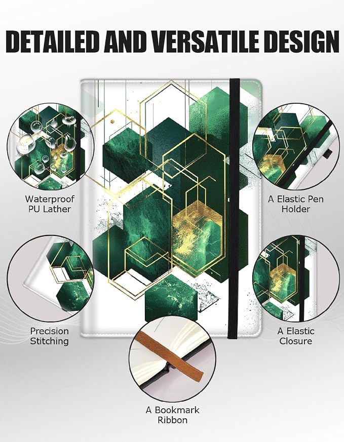 Hardcover Executive Notebooks, A5 PU Leather Lined Journal Notebook, 200 Pages Thick Paper Subject Notebooks for School,Work,Home Writing Business Notebook, Diary Book ，Emerald Gold Abstract