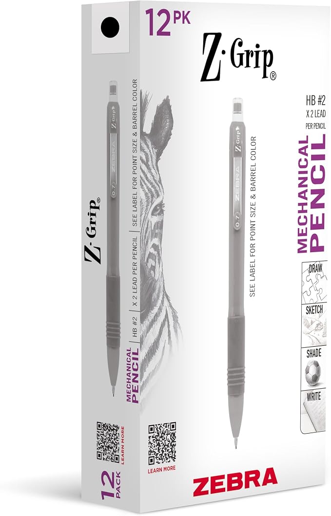 Zebra Pen, Z-Grip Mechanical Pencil, Comfort Grip, 0.7mm Lead, #2 HB, Pre-Loaded with Lead and Eraser, for School, Office, Everyday Use, Refillable, Black Barrel, 12-Pack, (50410AMZ)
