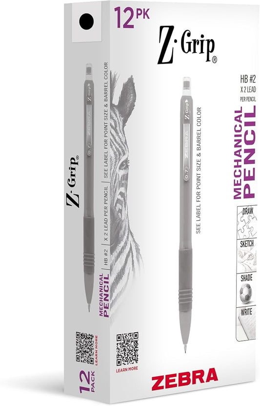 Zebra Pen, Z-Grip Mechanical Pencil, Comfort Grip, 0.7mm Lead, #2 HB, Pre-Loaded with Lead and Eraser, for School, Office, Everyday Use, Refillable, Black Barrel, 12-Pack, (50410AMZ)