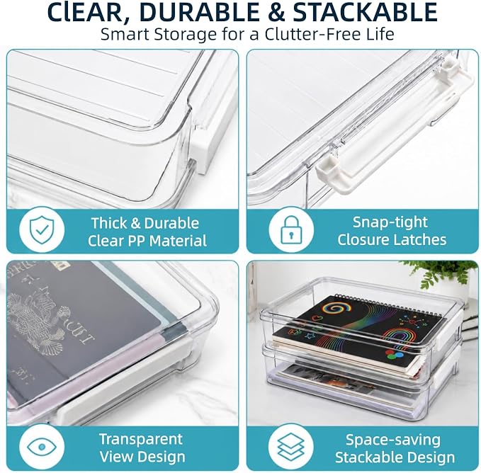 2 Pack Plastic File Storage Boxes, Flat Clear A4 Paper Art Supply Storage Organizer with Lids Latches, Stackable Magazine Bins Letters Documents Container for Home, Office