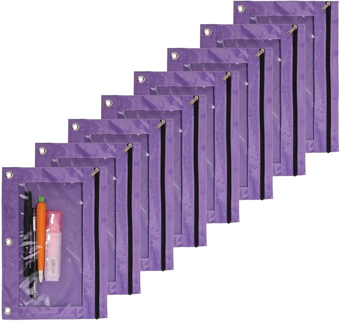Binder Pencil Pouch 3 Rings Pencil Case | with Clear Window for School Classroom Organizers 8 Pcs (purple)