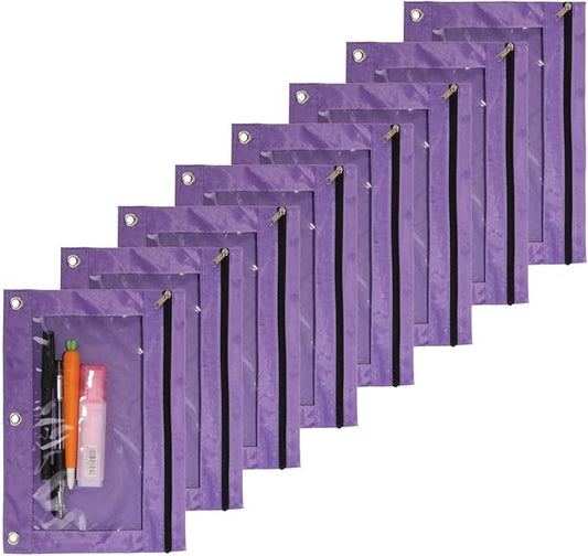 Binder Pencil Pouch 3 Rings Pencil Case | with Clear Window for School Classroom Organizers 8 Pcs (purple)