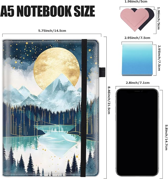 Hardcover Executive Notebooks, A5 PU Leather Lined Journal Notebook, 200 Pages Thick Paper Subject Notebooks for School,Work,Home Writing Business Notebook, Diary Book ，Moon Over Mountains