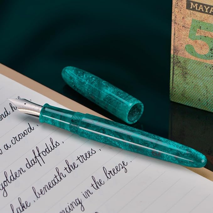 Asvine C80 Fountain Pen #8 Fine Nib Large Handcraft Pen with Converter Pen Case Collection Set (Green Glitter)