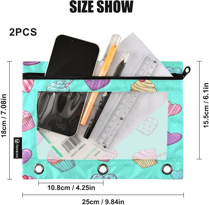 Gredecor 3 Ring Binder Pencil Pouch, Colorful Cupcakes with Swirl Zippered Pen Case Pouches with Clear Window, 2 Pack Stylish Office & School Supplie