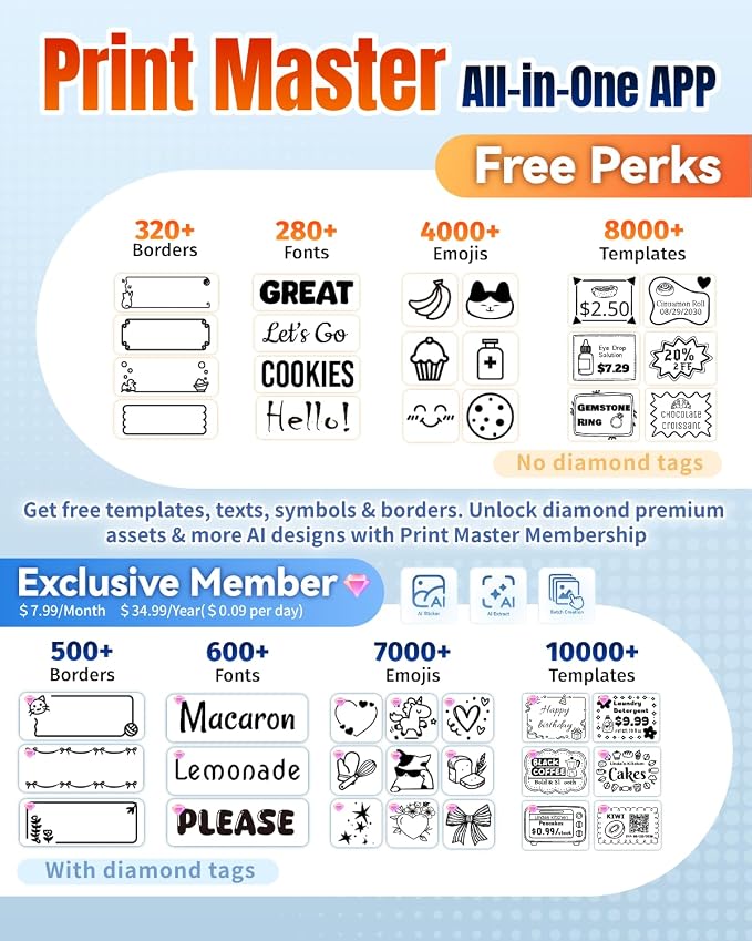 Label Maker Machine with 3 Tapes, Portable Bluetooth Theraml Printer, Black | 2 inch Inkless Label Printer with 6000+ Templates, Easy to Use for For Small Business，Home，School，Organization ,Office