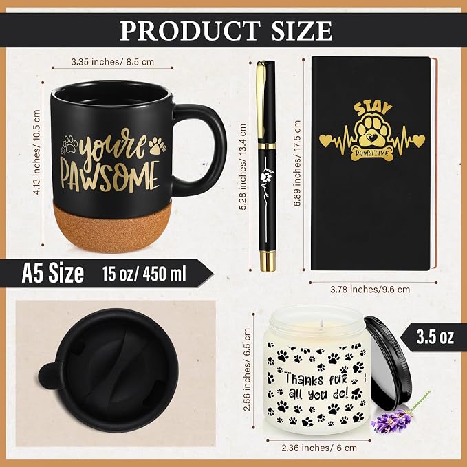 Sayglossy 4 Pcs Veterinary Gift Set Thank You Gift for Vet Tech Veterinary Assistant Animal Lover Pet Groomers Trainer Paw Print Notebook Coffee Mug Scented Candle Pen for Vet Tech Week Dog Sitter