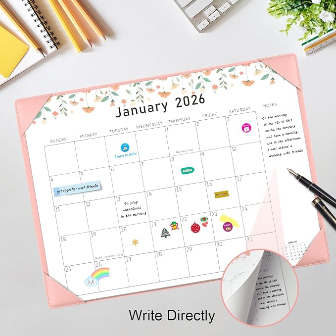 Gannyfer Desk Calendar 2026-2027 with Desktop Mat, Large 22" x 17" Desk Pad Calendar, 18-Month Calendar Use Now Through Jun 2027, Office Supplies for Home School Office, Pink with 6 Stickers