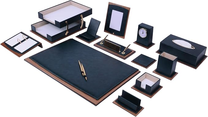 Star Lux Bonded Leather Executive Desk Set – Luxury Desk Organizer & Office Accessories, 14-Piece Set with Desk Mat, Double Document Tray, Clock & Gift-Ready Design