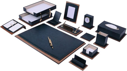 Star Lux Bonded Leather Executive Desk Set – Luxury Desk Organizer & Office Accessories, 14-Piece Set with Desk Mat, Double Document Tray, Clock & Gift-Ready Design
