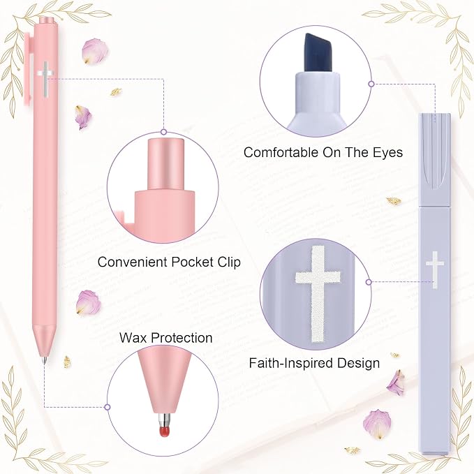 12 Pcs Cross Gel Pens and Highlighters Set 6 Gel Pens 0.5mm 6 No Bleed Highlighters Bible Study Pen and Highlighter for Journaling Church Supplies Christian Stationery (Black,Macaron)