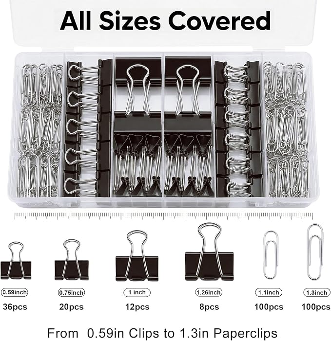 276Pcs Paper Clips and Binder Clips Assorted Sizes，Black Binder Paper Clips Office Clips Office Supplies, Large Medium Small Paper Clamps PaperClips for Home School Business in a Container (Black)