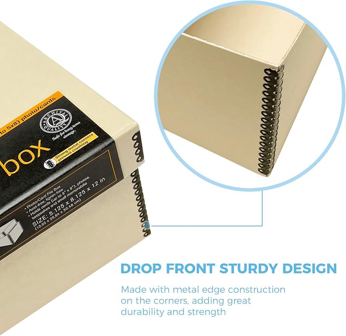 Lineco Archival Photo Card Box, Museum-Quality, 5x8x12 Inch, Tan, 2 Pack | Acid-Free with Removable Lid, Metal-Edge Corner, Bulk Storage and Preservation for Negatives, Prints, Films, Photos, Snapshot