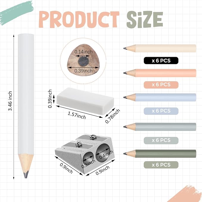 Marspark 30 Pcs Short Triangular Fat Pencils Bulk First Day of School 3.5 Inch Wooden Jumbo Pencils with Sharpener and 2 Erasers for Preschoolers, Kindergarten, Toddlers, Beginners(Fresh Colors)
