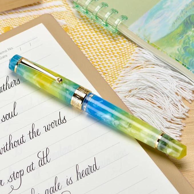 Asvine P20 Piston Fountain Pen, Stub Nib 1.1mm Calligraphy Art Drawing Gradual Yellow Acrylic with Case Set