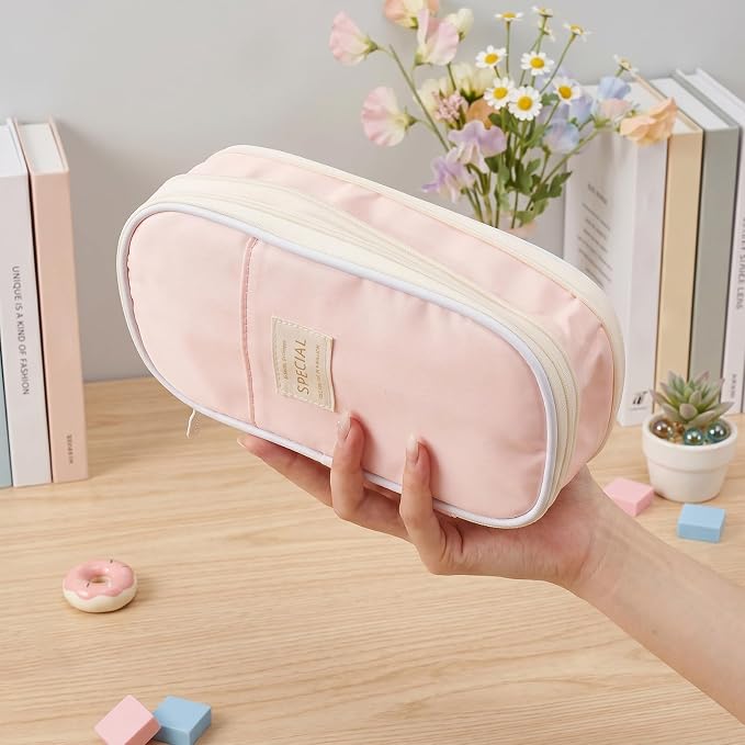 Large Capacity Pencil Case Pencil Bag with Zipper Pencils Pouch Organizer | Pink, Portable, Sturdy Zipper, Office College Stationery, Aesthetic Pen Bag, Multiple Pockets, Storage Travel Holder Box