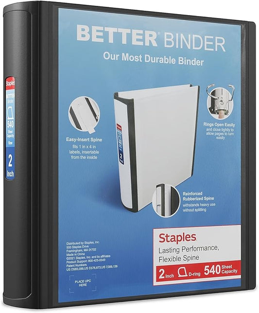 Staples Heavy-Duty 2-Inch D-Ring Binder, Black – Large Capacity 3-Ring Binder for School & Office Use
