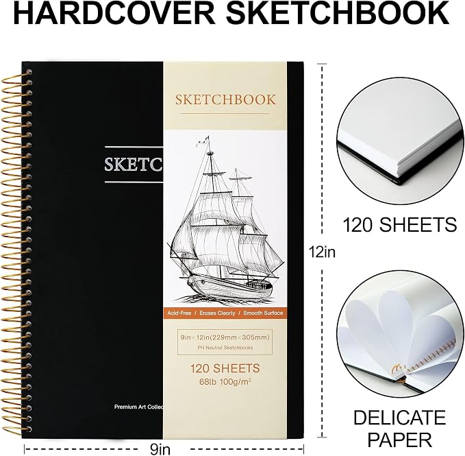 9 x 12 inches Hardcover Sketchbook for Drawing 120 Sheets Spiral Bound Sketch Pad Premium Art Sketchbook Artistic Drawing Painting Writing Paper(68lb/100gsm) for Kids Adults Beginners Artists, Black