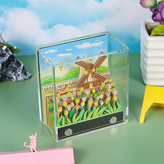 3D Memo Pad, Windmill 3D Notepad Paper Carving Non-Stick Sticky Notes Cute Silhouette, 3D Art Memo Pad Paper Art with Lights DIY Desk Decoration Gift