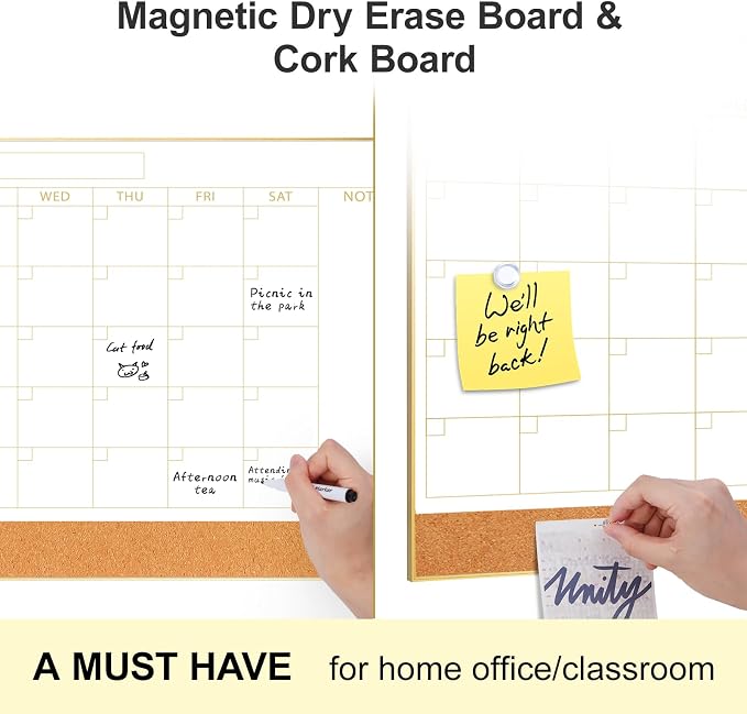 ARCOBIS Dry Erase Calendar with Cork Board for Wall, 11.6"x 15.7" Magnetic Calendar Whiteboard with Gold Frame, Monthly Combination Board for School, Home, Office