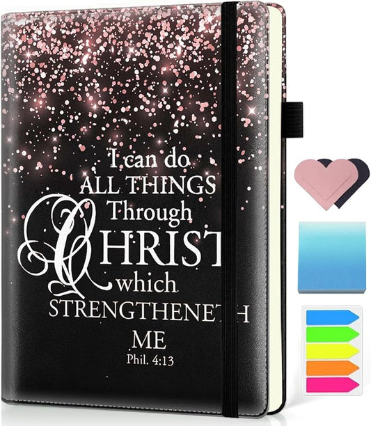 Hardcover Executive Notebooks, A5 PU Leather Lined Journal Notebook, 200 Pages Thick Paper Subject Notebooks for School,Work,Home Writing Business Notebook,Pink Background Bible Verse Phil 4-13