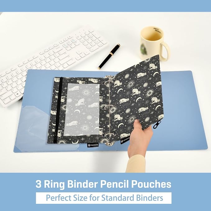 Binder Pencil Pouches, Celestial Cat Pencil Case with Clear Window 3 Rings Pen Case Holder Office Supplies
