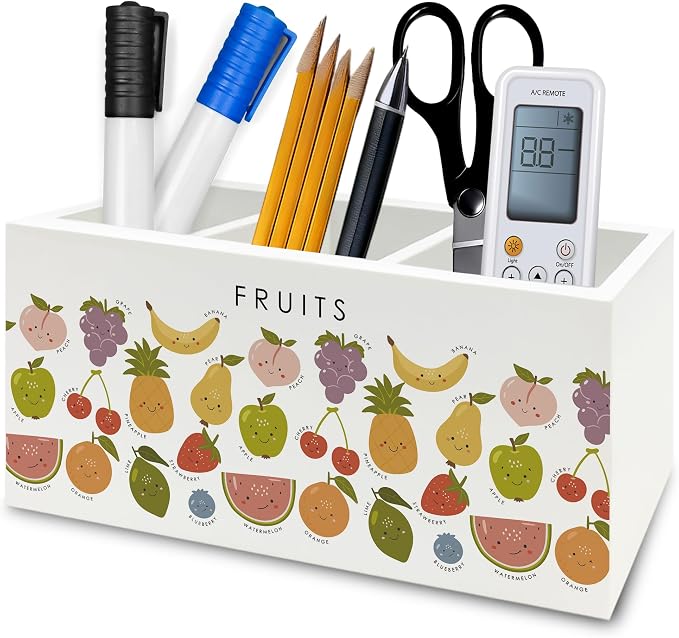 Boho Classroom Pen Pencil Holder Organizer for Desk, Fruits Educational Wooden Box Signs Decorations for Kids Boys Girls Room Bedroom Classroom Bedroom Desk Tabletop, Kids Room Decor
