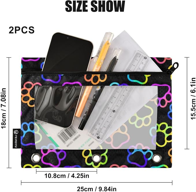 Paw Pencil Pouches for 3 Ring Binder 2 Pack | Binder Pencil Case With Zipper Reinforced GrommetsPencil Bags for Office Organizers