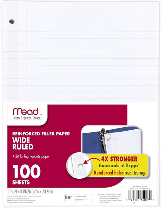 Mead Loose Leaf Paper, Wide Ruled Filler Notebook Paper, Reinforced, 8" x 10-1/2", 100 Sheets, Fits 3-Ring Binder (15006)