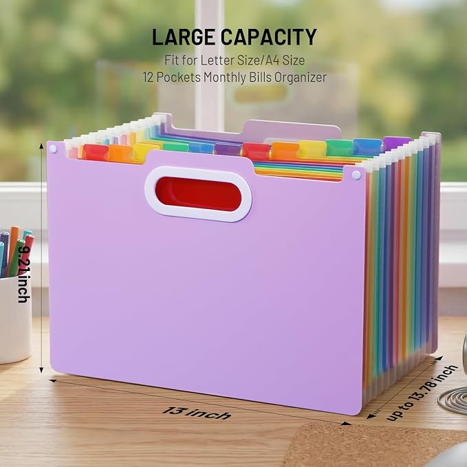 Comix Expanding File Folder, 13 Pockets Accordion File Organizer, Purple | Letter/A4 Size Document Organizer, For Home Office School