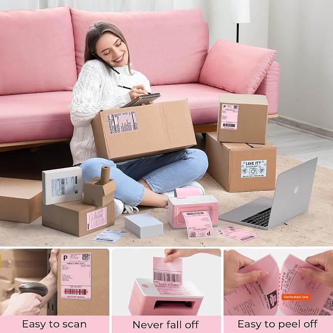 MUNBYN 4x6 Inch Pink Thermal Printer Labels for Packages, 500 Sheets/Stack | 4"x6" Fanfold Shipping Labels, No BPA and BPS, Print Clear and Sharp, Strong Adhesive, Compatible with Most Thermal Printers