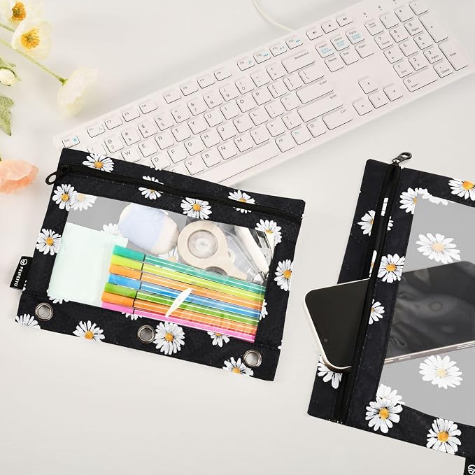 White Daisy Flower Black Pencil Pouch for 3 Ring Binder 2 Pack Zipper Binder Pencil Bag with Clear Window Pencil Case for Office Supplies