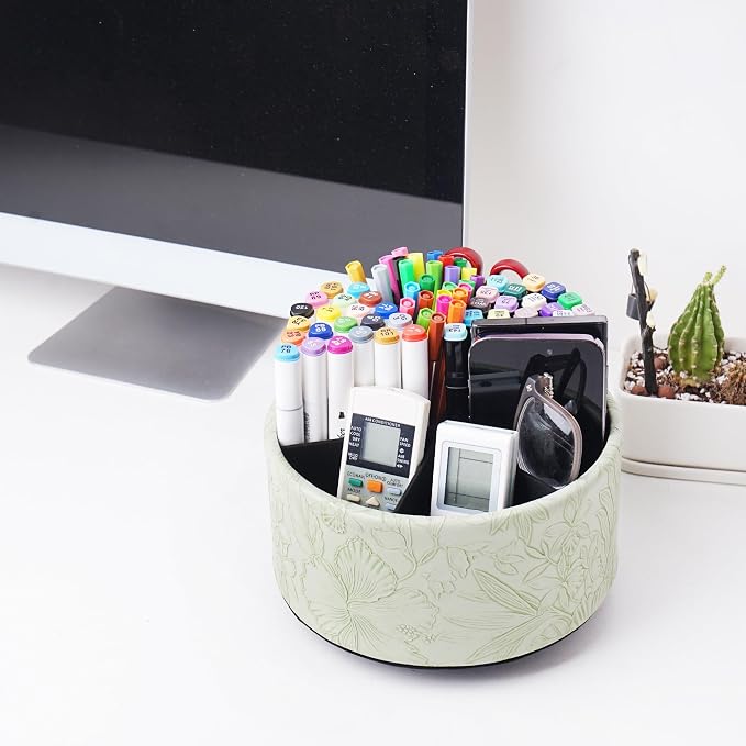 Remote Control Holder, 360°Spinning PU Leather Desk TV Remote Caddy,Desk Storage Box Room Accessories for Controller, Media,Mail,Calculator, Mobile Phone,Pencil(1-Carved Green1)