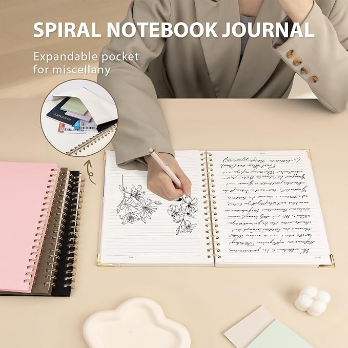 B5 Spiral Notebook Journal, (6.9×9.8'' ) 100 Pages 50 Sheets Linen Hardcover College Ruled Journaling For Work & Note Taking Thick Spiral Journal For Writing Daily Journal For Women & Men -Black