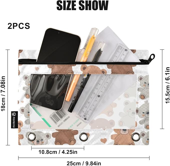 Cute Teddy Bears Pencil Pouch for 3 Ring Binder 2 Pack Zipper Binder Pencil Bag Case with Clear Window Office School Supplies