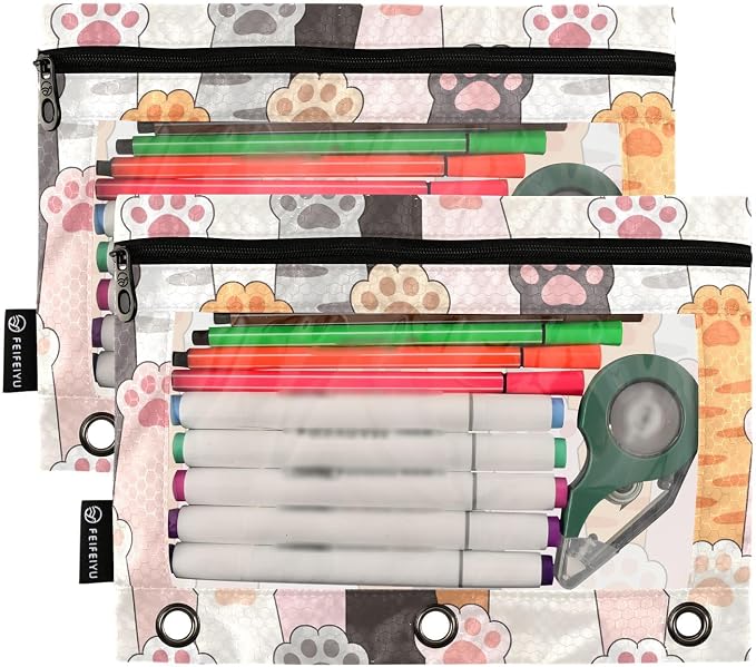 ALAZA Pencil Pouch for 3 Ring Binder, Cute Paw Prints Binder Pencil Pouches with Clear Window Zipper Pencil Case Cosmetic Bags for Office College Supplies, 2PCS