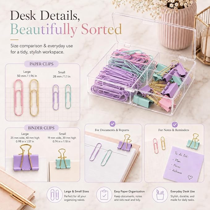 Pastel Paper Clips Binder Clips Set with Storage Box, 165 Psc, Assorted Size Decorative Office Clips, Cute Desk Accessories for School, Home Office, Planner, Journal and Documents