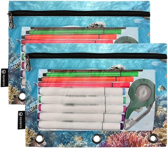 Sea Turtle Underwater Pencil Pouch for 3 Ring Binder 2 Pack Zipper Binder Pencil Bag with Clear Window Pencil Case for Office Supplies