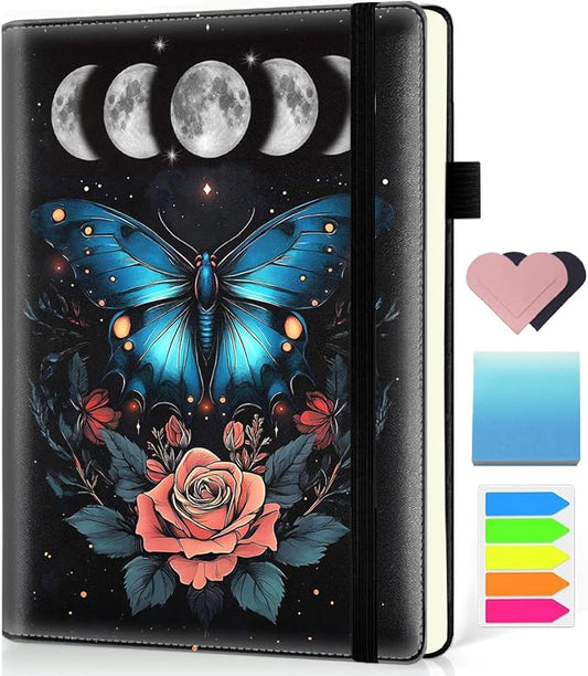 Hardcover Executive Notebooks, A5 PU Leather Lined Journal Notebook, 200 Pages Thick Paper Subject Notebooks for School,Work,Home Writing Business Notebook, Diary Book ，Butterfly Moon