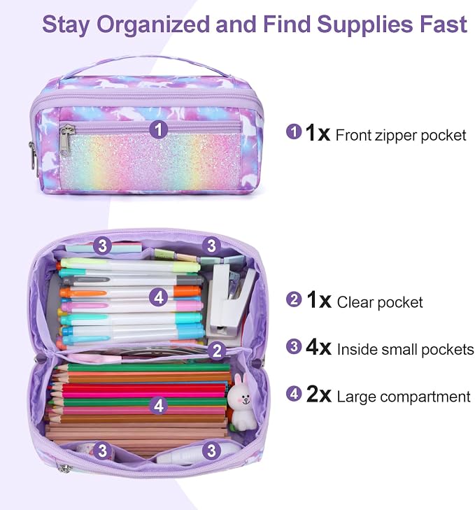 Large Pencil Case for Girls - Aesthetic Pencil Pouch for School | Kids Pencil Case & Wide Handle, Water Resistent Organizer, Box Fits 50 Pens & Markers, Daily Use, Purple Unicorn