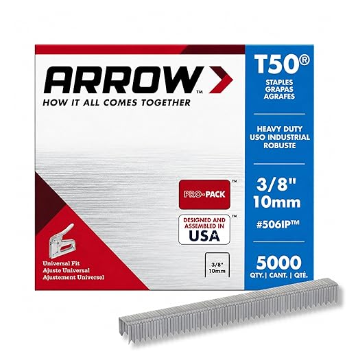 Arrow Fastener 506IP Heavy Duty T50 Staples for Upholstery, Construction, Furniture, Crafts, 3/8-Inch Leg Length, 3/8-Inch Crown Size, 5000 Pieces ( Pack of 1) | Heavy Duty, For Upholstery, Construction, Furniture, Crafts, Fit Arrow T50 Staple Guns, Ha...